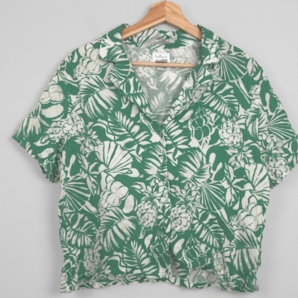 Nicole Miller Women Green White Tropical Monstera 100% Linen Top Resortwear M